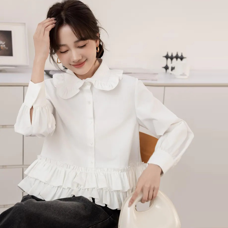 荷葉滾邊翻領下擺造型氣質排釦上衣-F / 2色 (Elegant & Love)