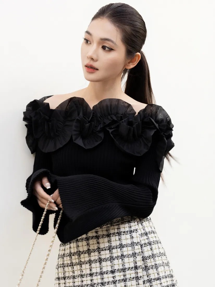 浪漫女子立體花朵一字領露肩上衣-F / 2色 (Elegant & Love)