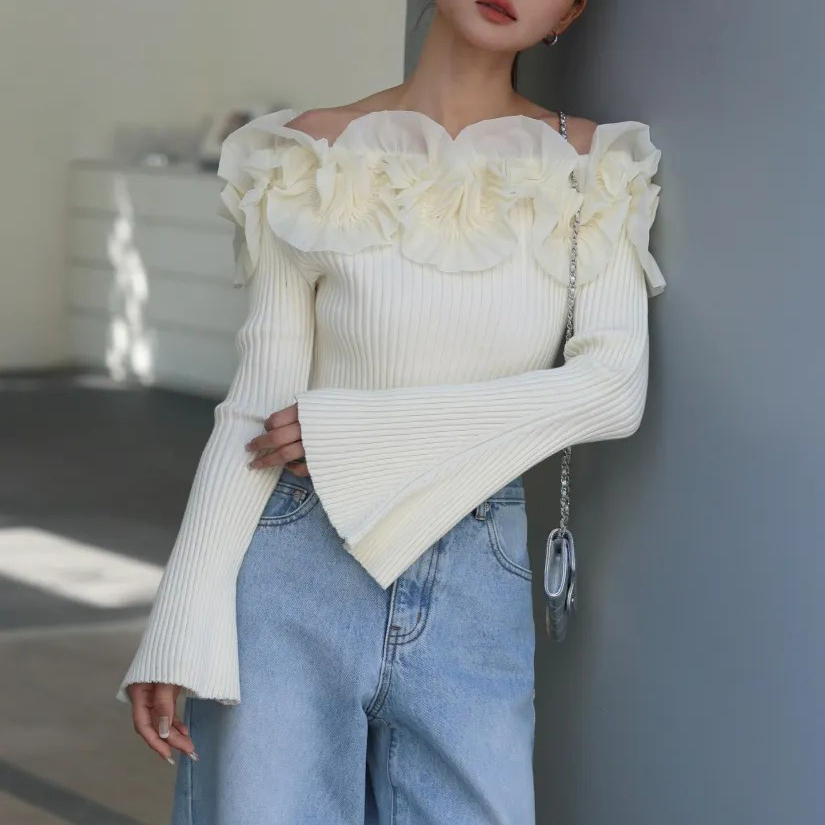 浪漫女子立體花朵一字領露肩上衣-F / 2色 (Elegant & Love)