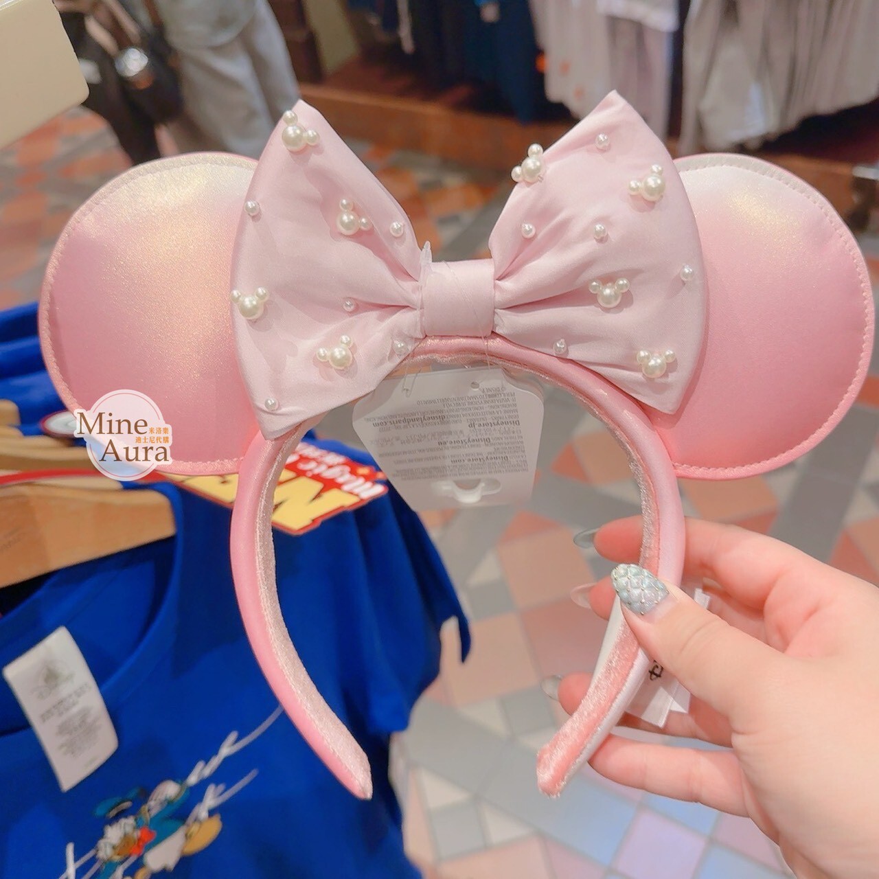 米妮 Minnie 珍珠米奇頭 蝴蝶結 粉色 立體耳朵 造型 髮圈 髮箍 -香港迪士尼樂園