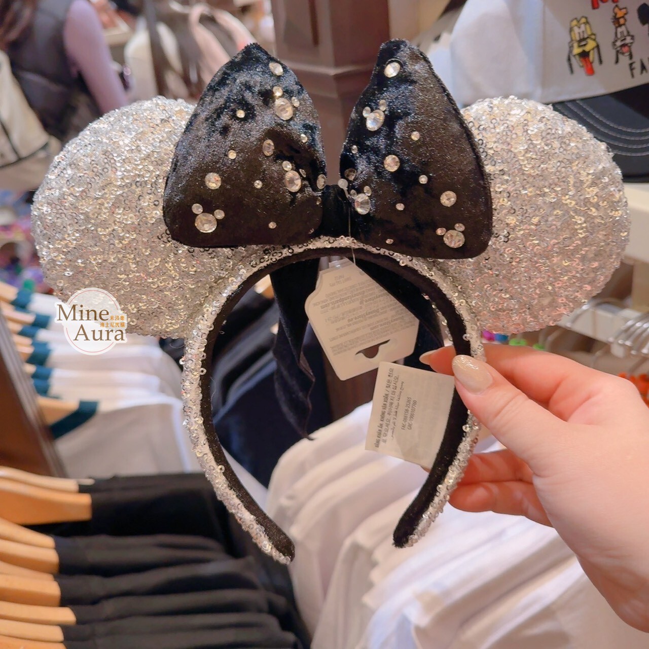 米妮 Minnie 黑絨蝴蝶結 銀色亮片 立體耳朵 造型 髮圈 髮箍 -香港迪士尼樂園