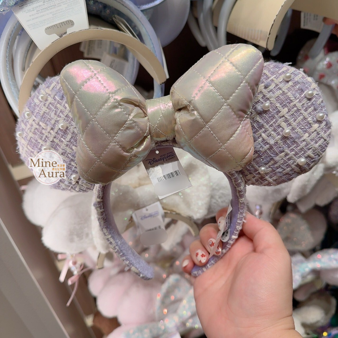 米妮 Minnie 菱格紋蝴蝶結 珍珠毛呢 立體耳朵 造型 髮圈 髮箍 -香港迪士尼樂園
