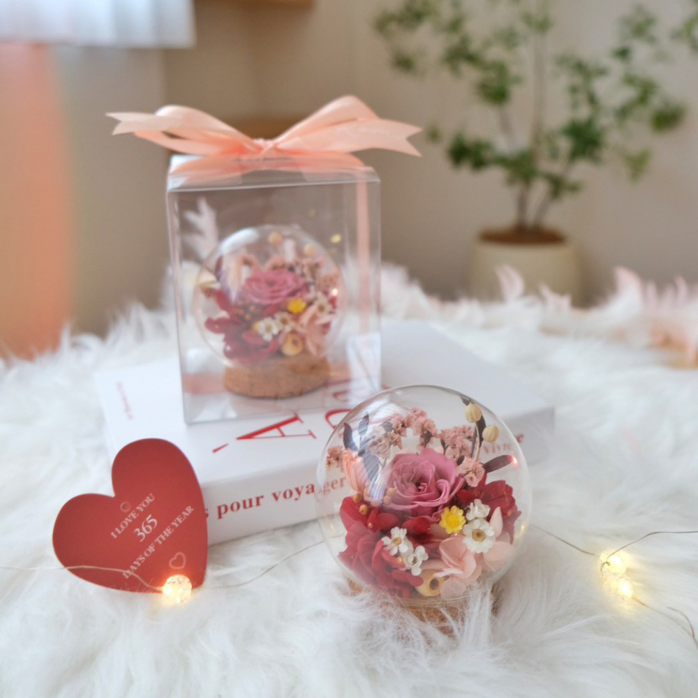 8公分迷你玻璃球 豆沙粉永生玫瑰花