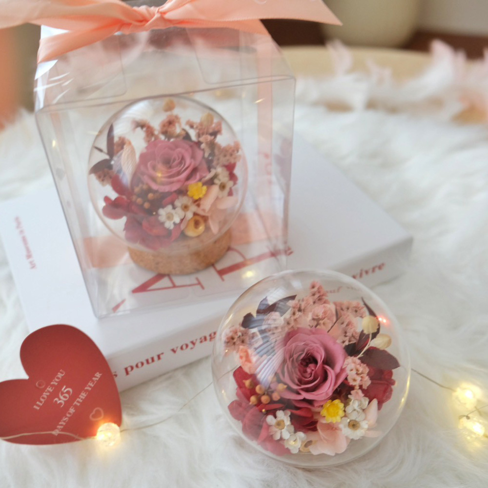 8公分迷你玻璃球 豆沙粉永生玫瑰花