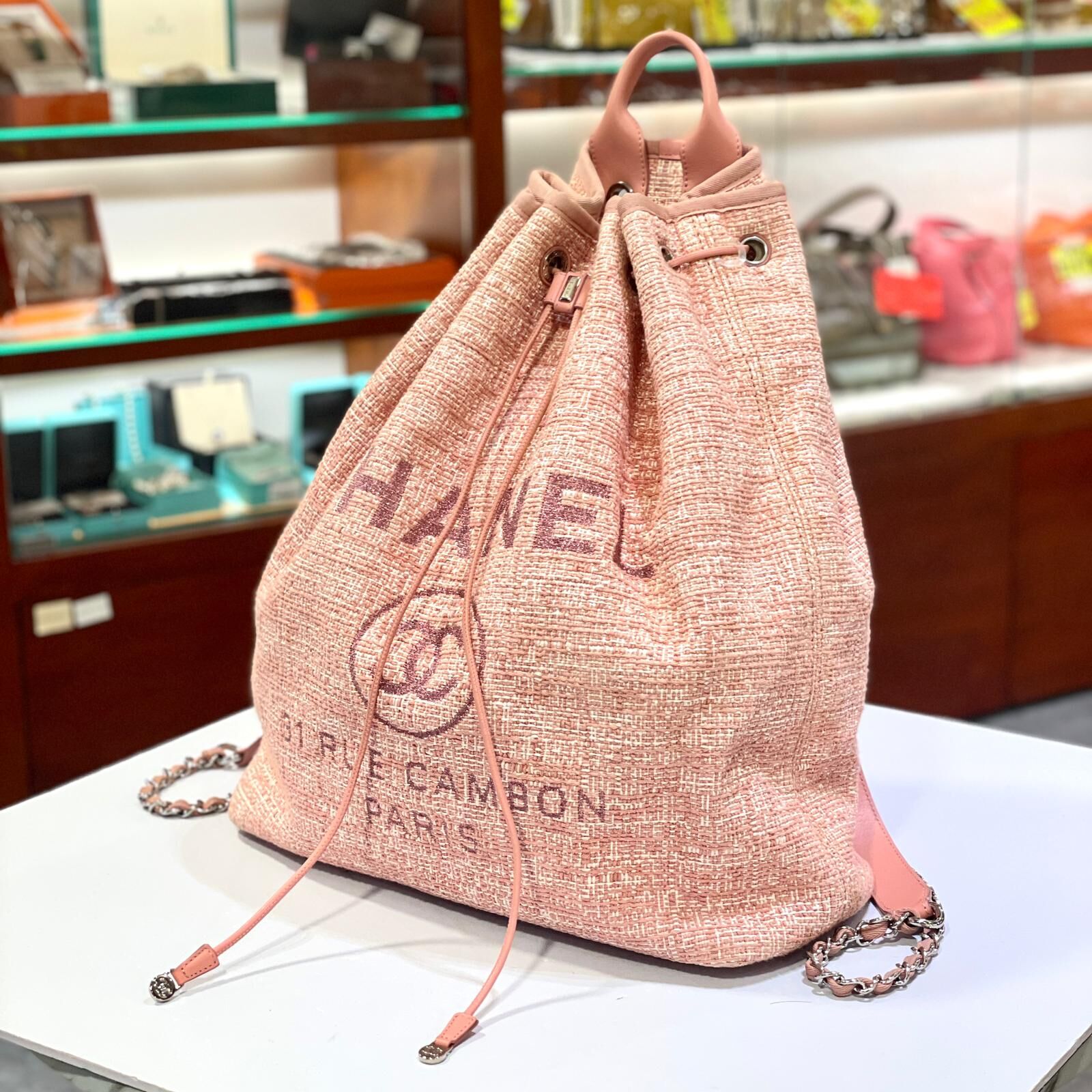 95%NEW二手CHANEL  Deauville Backpack  Pink Tweed 大號粉色羊絨銀扣 Chanel 少女粉羊毛沙灘雙肩後背包 #香榭站正品