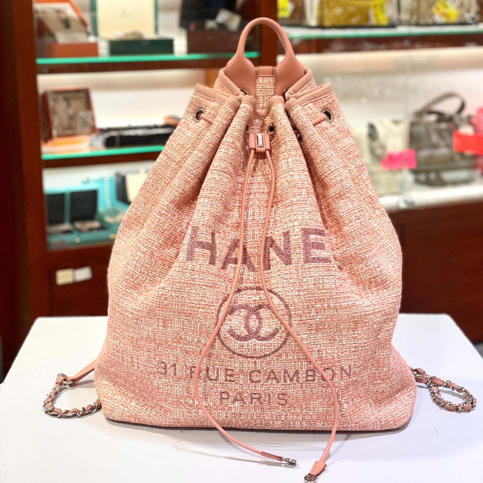 95%NEW二手CHANEL  Deauville Backpack  Pink Tweed 大號粉色羊絨銀扣 Chanel 少女粉羊毛沙灘雙肩後背包 #香榭站正品