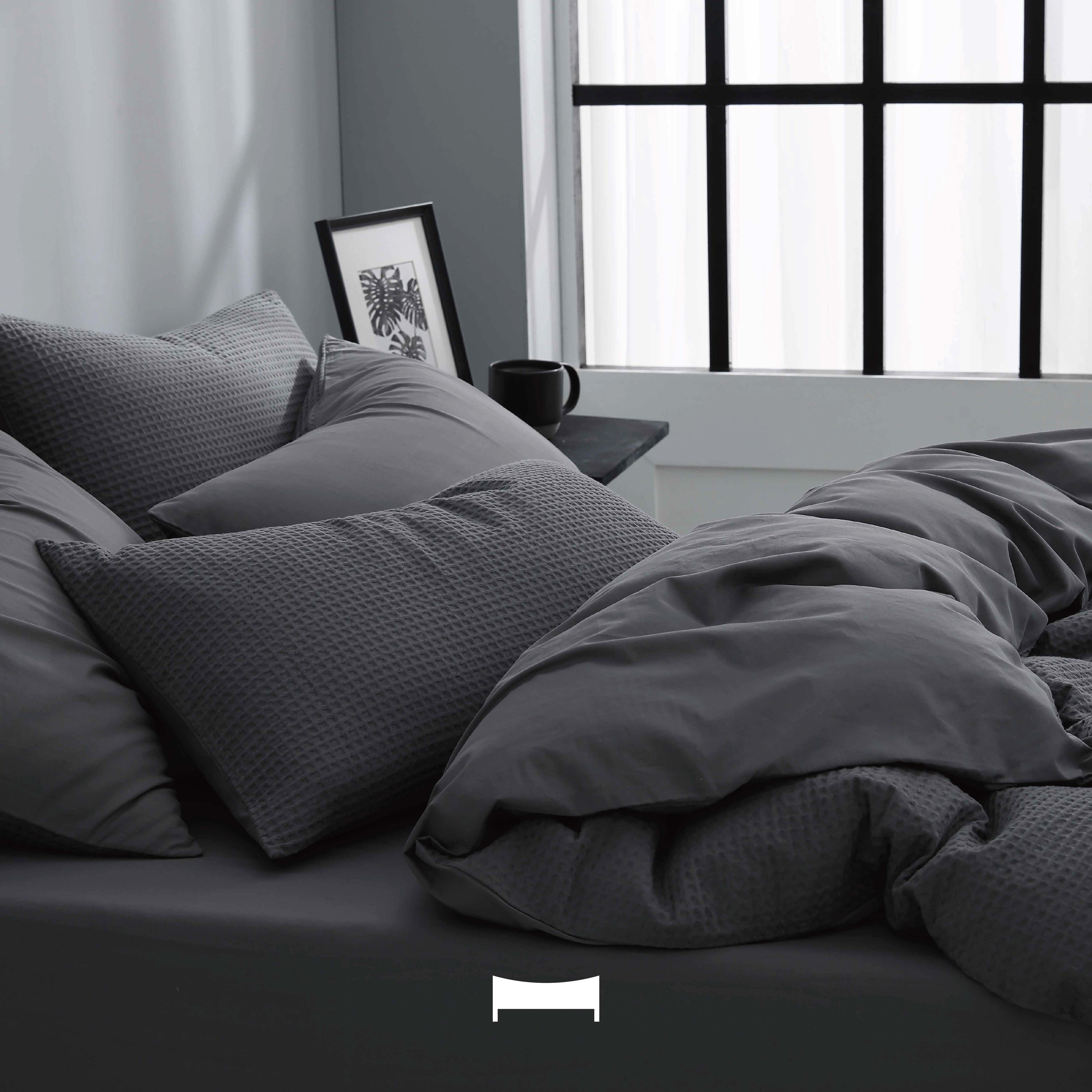 水洗棉系列 ｜ 華夫格 台灣製 『炭霧灰 水洗棉』格雷系 立體織紋 水洗系列 低調沉穩 床包被套組
