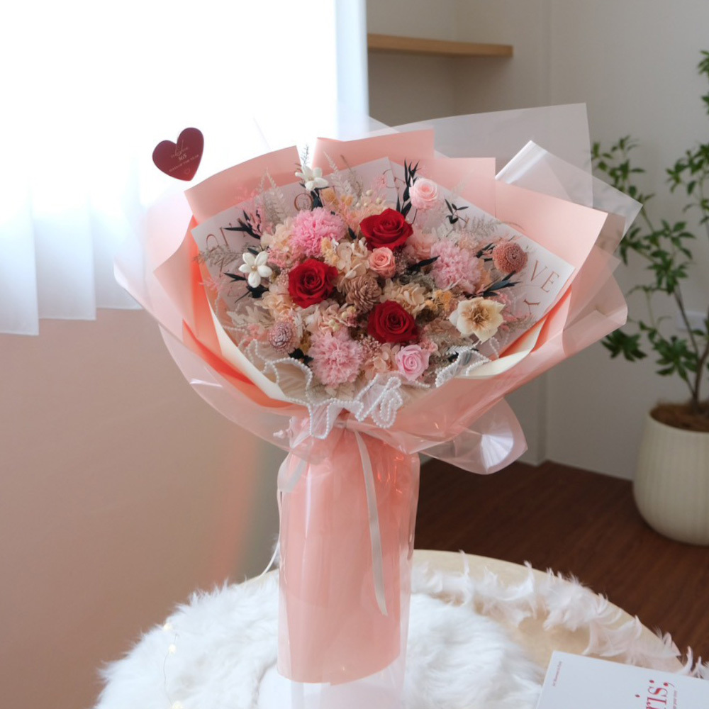 母親節永生花束 滿滿的愛 頂級厄瓜多紅玫瑰與粉康乃馨 永生花束