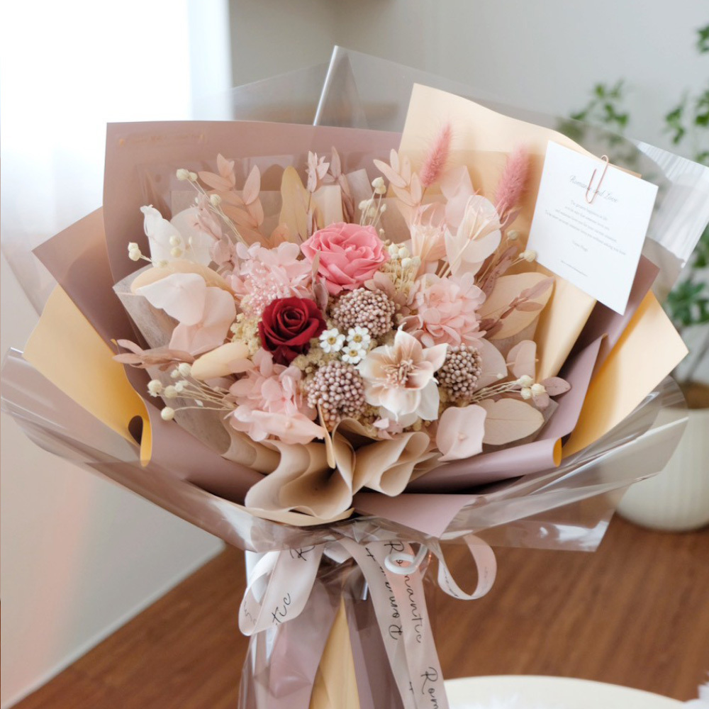 豆沙色 紅粉玫瑰永生花束