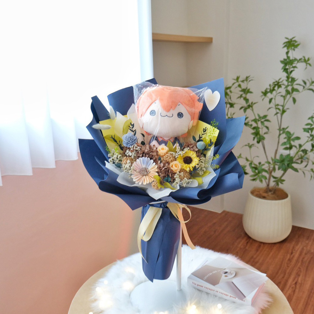 永生花玩偶花束 藍黃永生花束