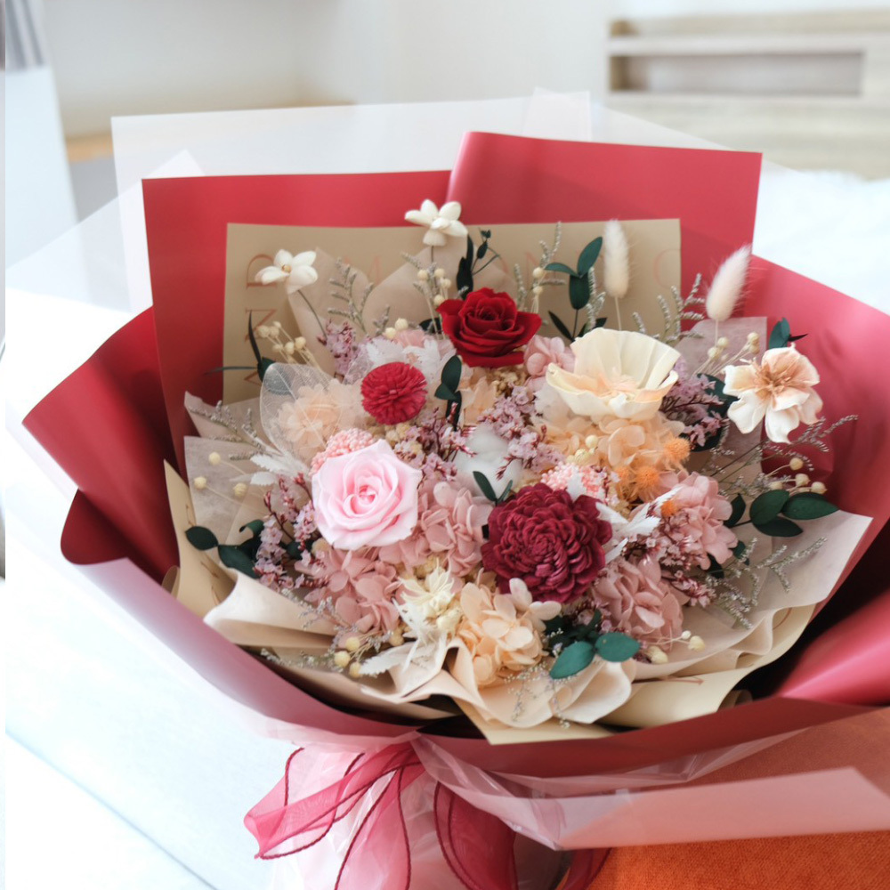 love u 包裝 紅粉玫瑰永生花束 (L)
