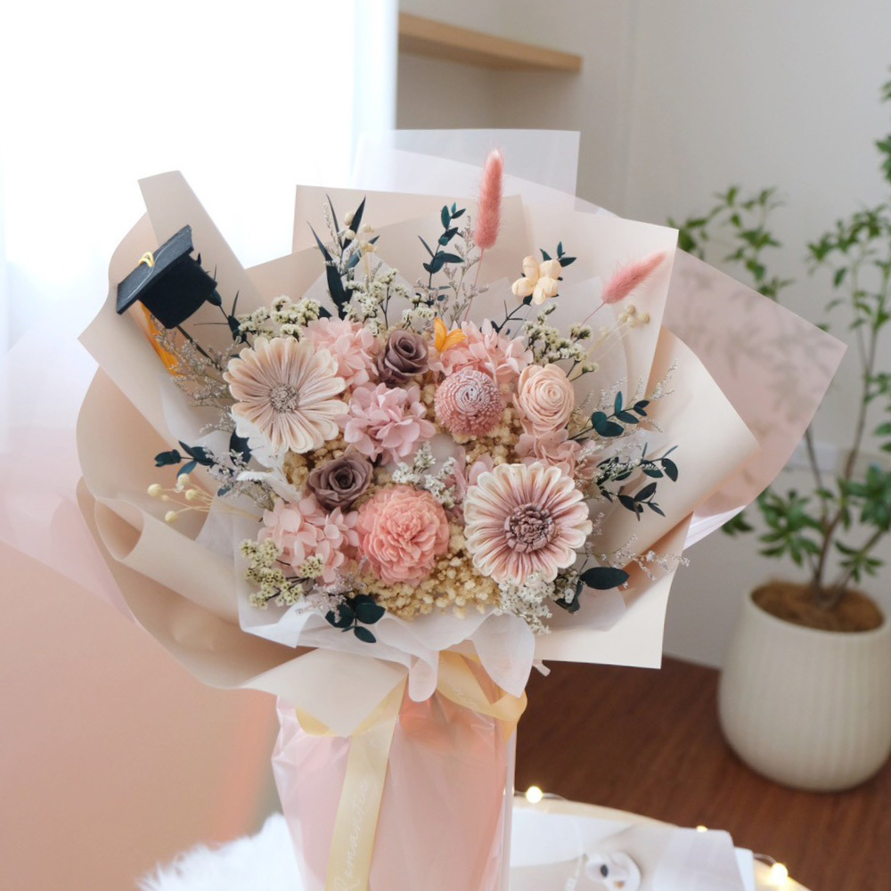 畢業永生花束 奶茶粉