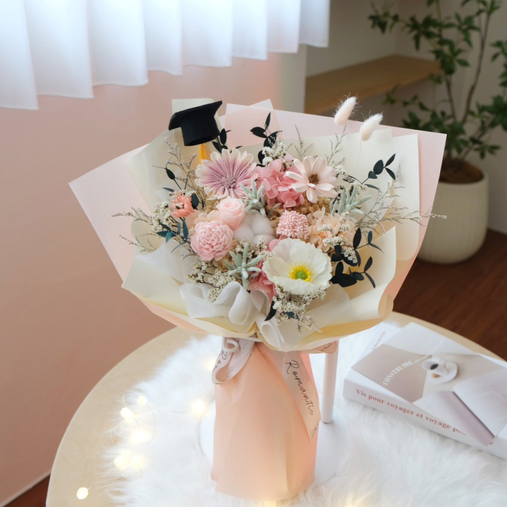 畢業花束 粉色永生花＋仿真虞美人
