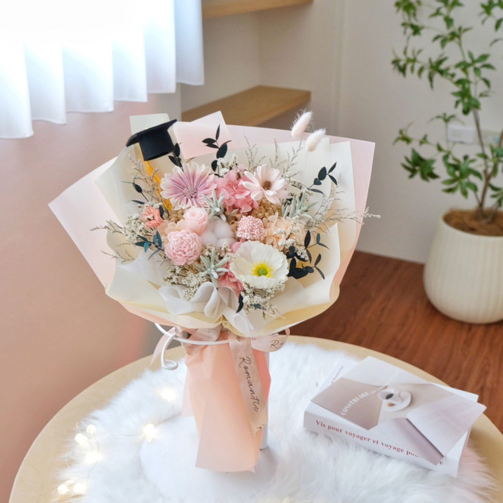 畢業花束 粉色永生花＋仿真虞美人
