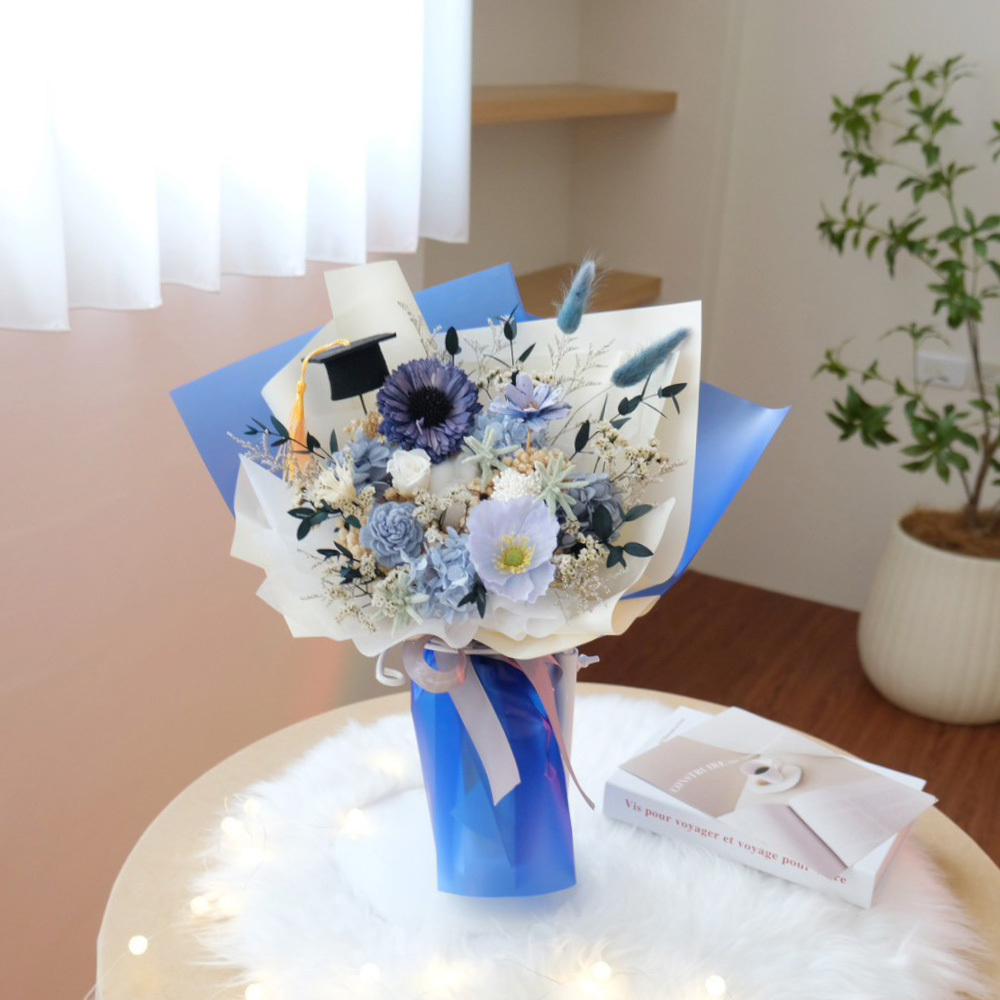畢業花束 藍色永生花＋仿真虞美人