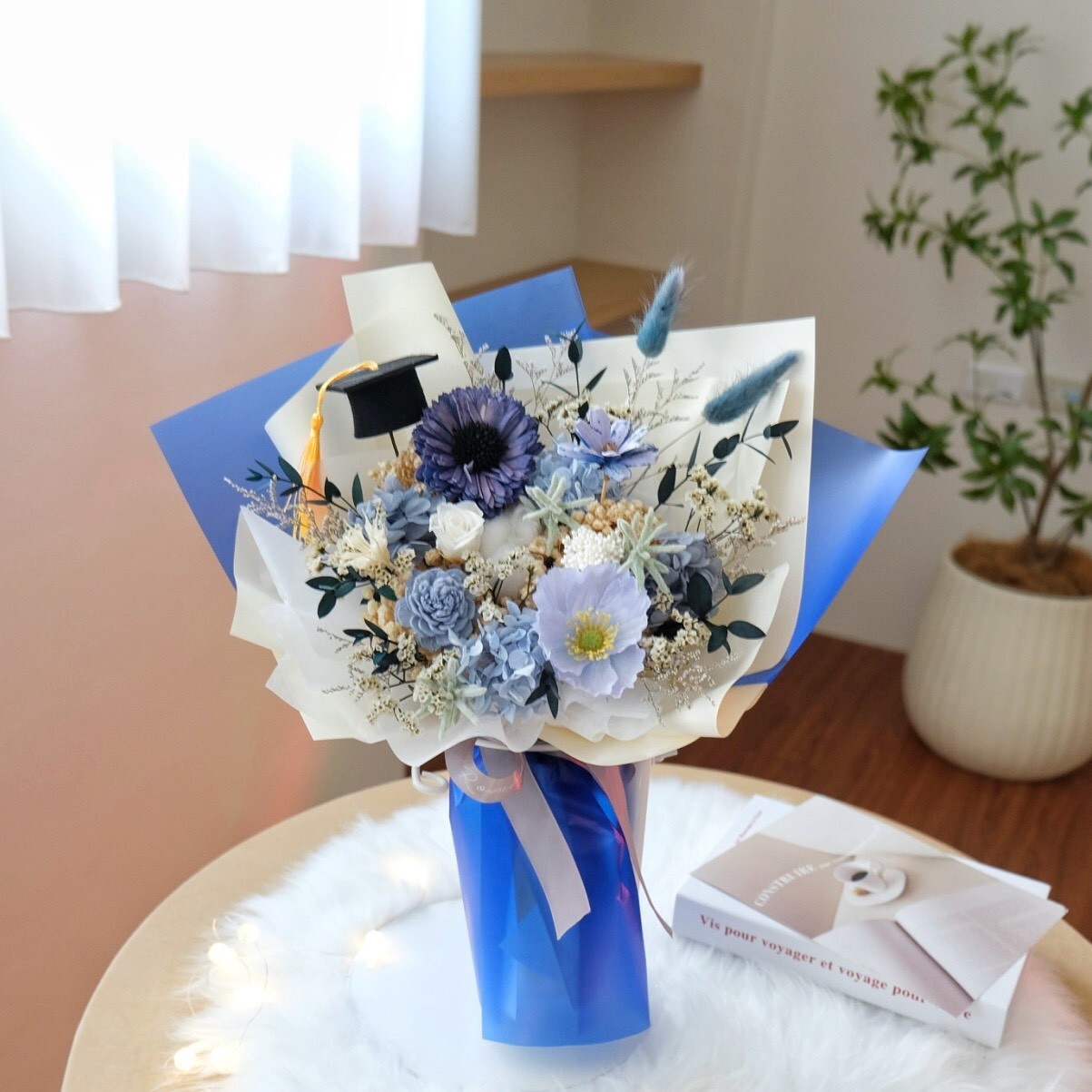 畢業花束 藍色永生花＋仿真虞美人