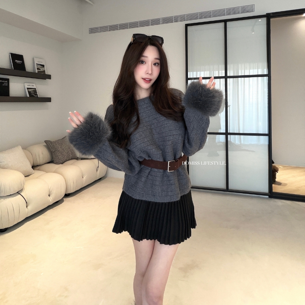 【Coco小姐】DOMISS 狐狸毛袖口坑紋針織毛衣-2色(現貨)