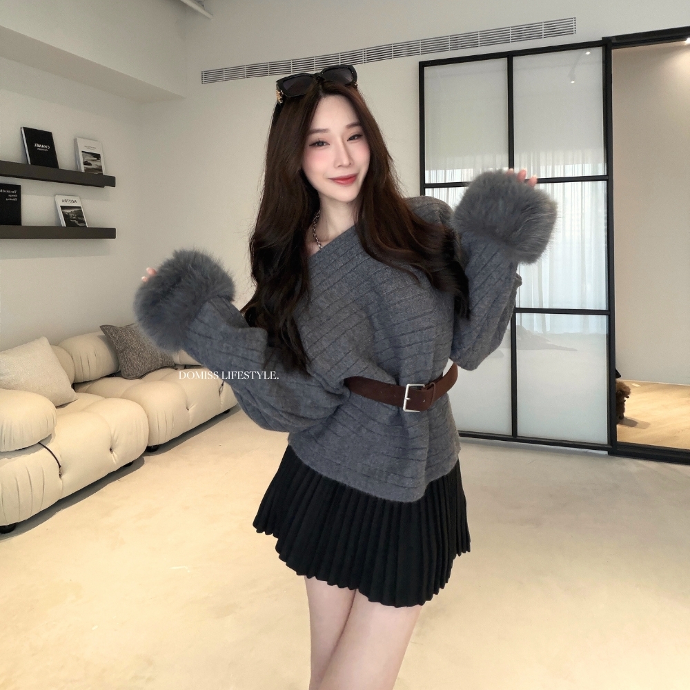 【Coco小姐】DOMISS 狐狸毛袖口坑紋針織毛衣-2色(現貨)