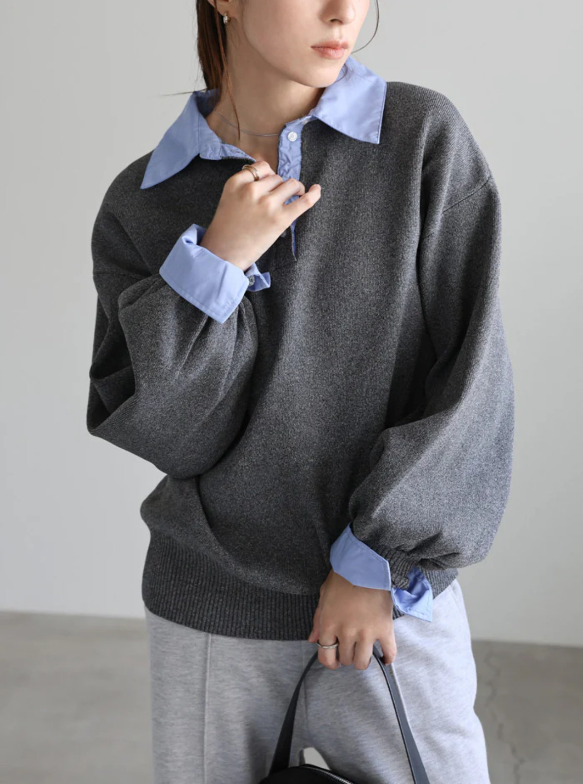 SELECT MOCA シャツカラードッキングニット炭灰x藍領（kt225118）