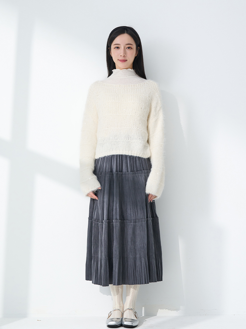 混色亮片紗毛衣蕾絲內搭上衣光澤紋理感長裙組合