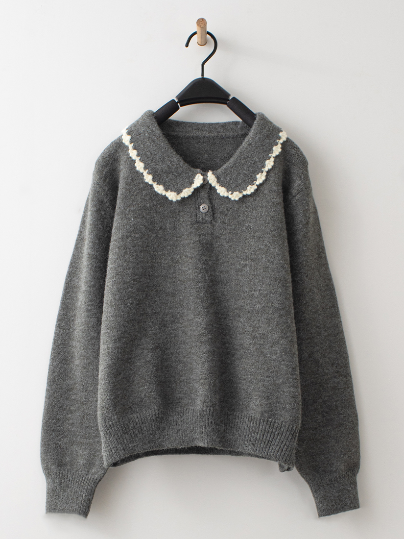 輕甜復古滾邊蕾絲領片針織上衣