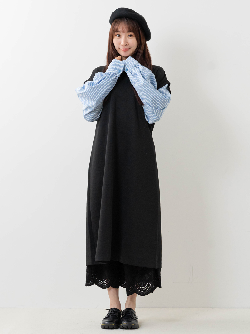 條紋袖毛圈布連身洋裝繡花純棉寬褲組合