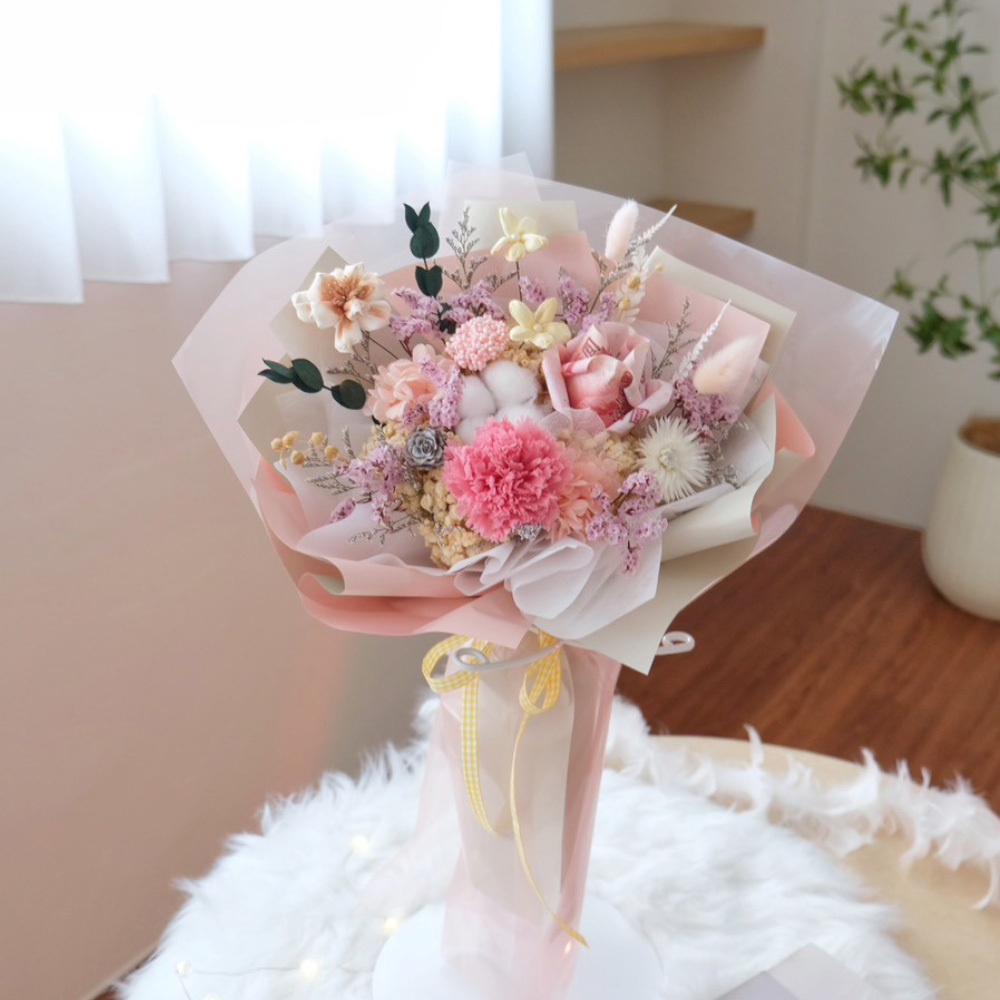 單朵鈔票花＋桃粉康乃馨