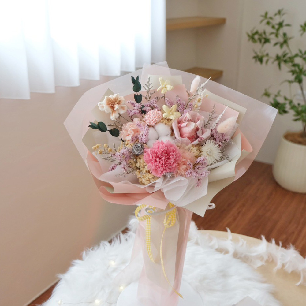 單朵鈔票花＋桃粉康乃馨