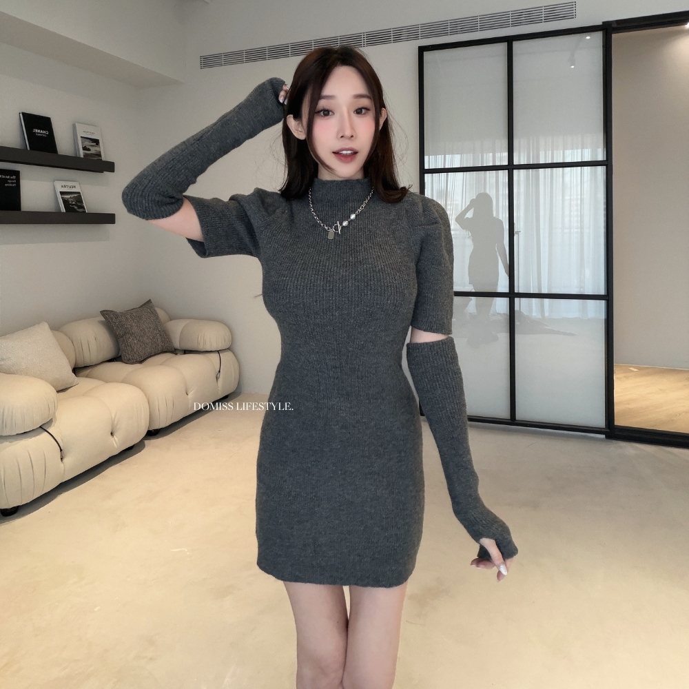 【設計感手袖】DOMISS半高領修身毛衣洋裝 毛衣裙(現貨)