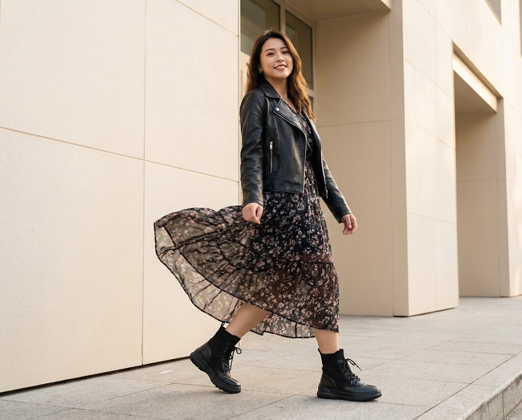 甜酷風穿搭示範 Sanly Joy 克洛伊厚底真皮短靴，搭配碎花長洋裝與皮衣外套，運用軟硬材質對比打造韓系 Girl Crush 風格，是 2026 年最流行的裙裝配靴子造型。