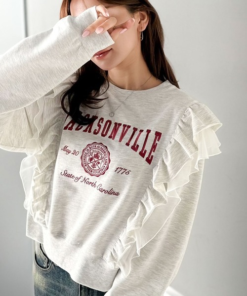 日本🇯🇵連線 Mily Bilet 薄紗x荷葉邊標誌刺繡衛衣 雙層荷葉邊 學院風 套頭衫 字母 長袖 刺繡 4色(任買兩件711免運)/預購