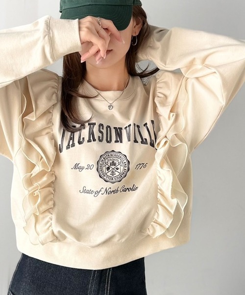 日本🇯🇵連線 Mily Bilet 薄紗x荷葉邊標誌刺繡衛衣 雙層荷葉邊 學院風 套頭衫 字母 長袖 刺繡 4色(任買兩件711免運)/預購