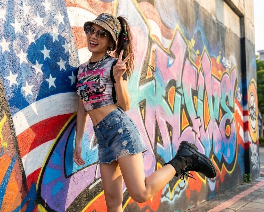 Y2K 風格穿搭推薦 Sanly Joy 克洛伊厚底短靴，搭配百褶短裙與露襪穿法，5cm 厚底設計拉長腿部比例，展現韓系 High Teen 辣妹的青春活力。