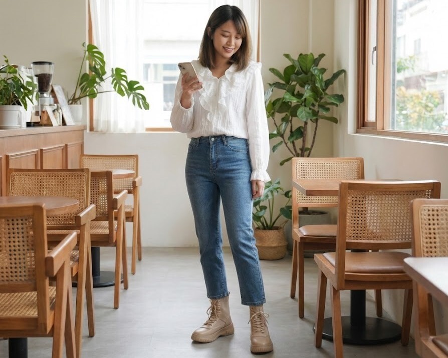 上班族甜酷風穿搭 Sanly Joy 克洛伊真皮短靴，搭配設計感襯衫與直筒牛仔褲，中和甜美與率性元素，是適合職場日常的時尚短靴造型。