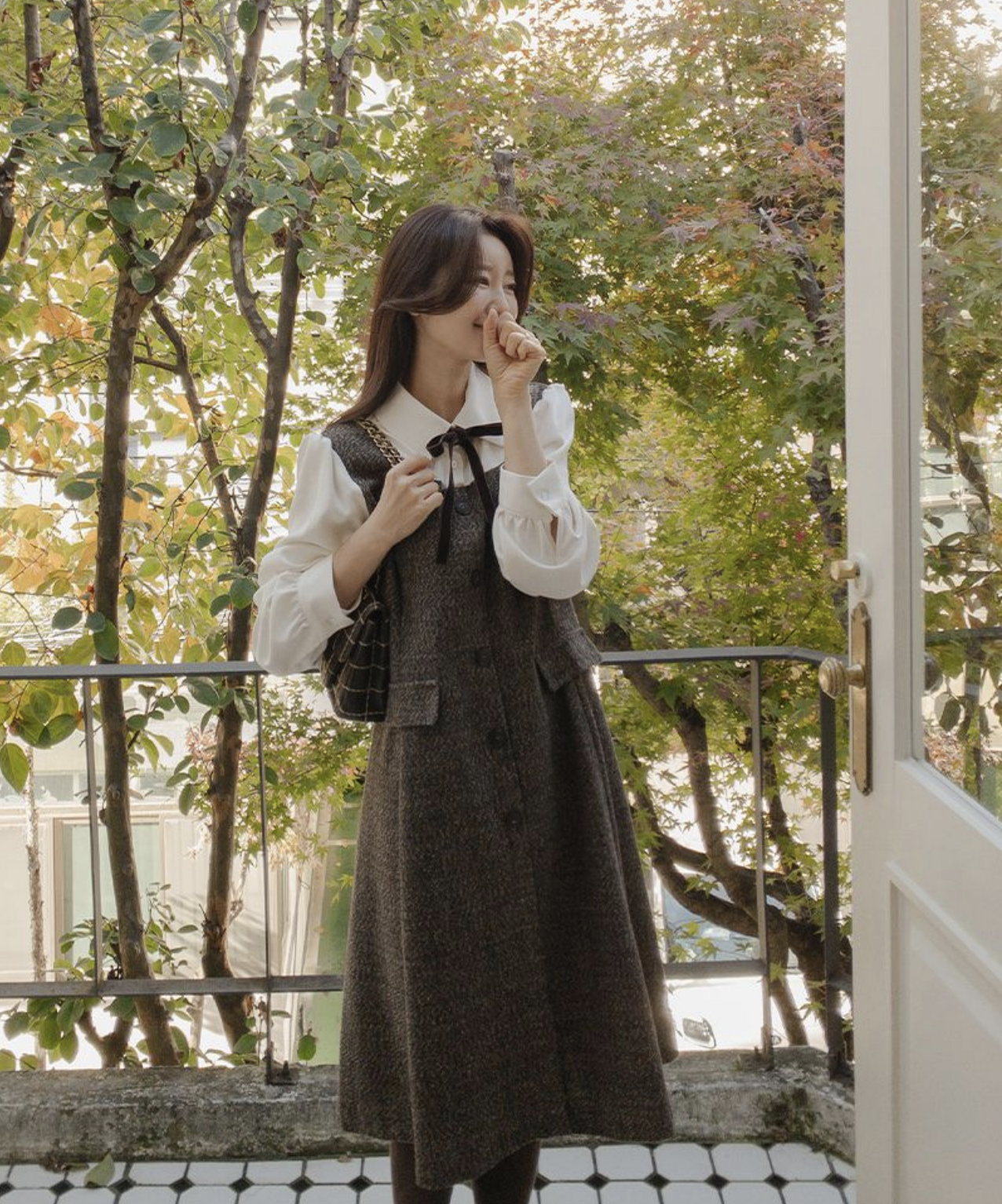 Ylena 學院風拼接羊毛洋裝 [ 2色 / Free,XL ]