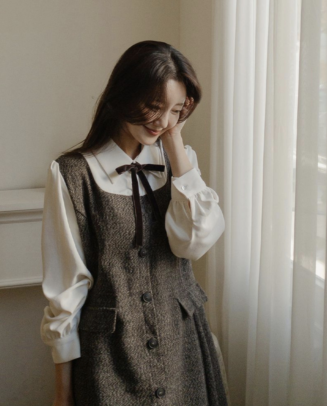 Ylena 學院風拼接羊毛洋裝 [ 2色 / Free,XL ]