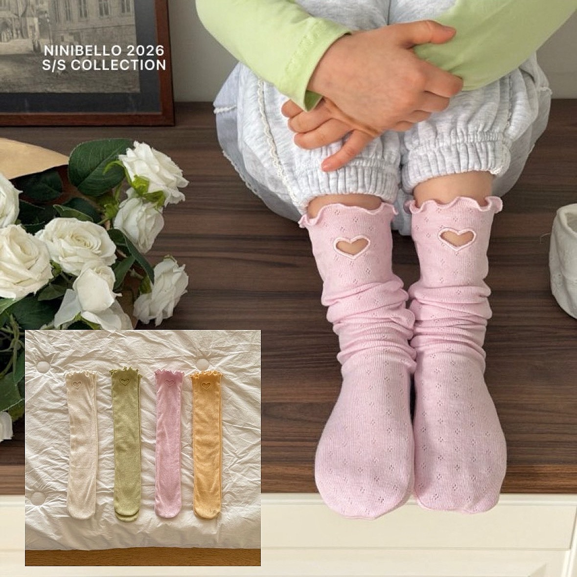 Nini 鏤空愛心中筒襪 4色
