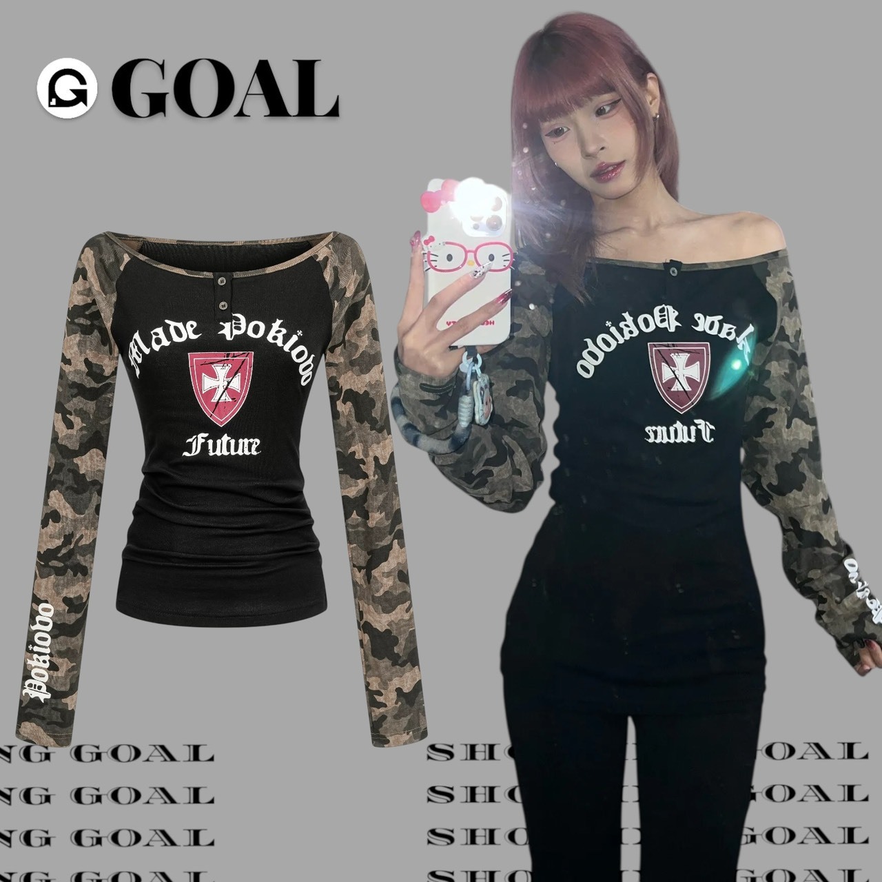 (GOAL)美式迷彩拼接一字領長袖 R9167