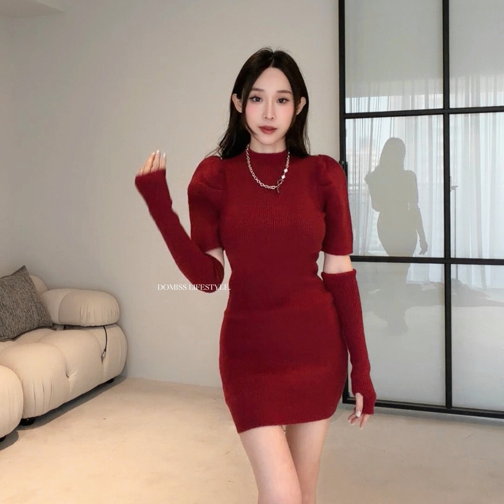 【設計感手袖】DOMISS半高領修身毛衣洋裝 毛衣裙(現+預)
