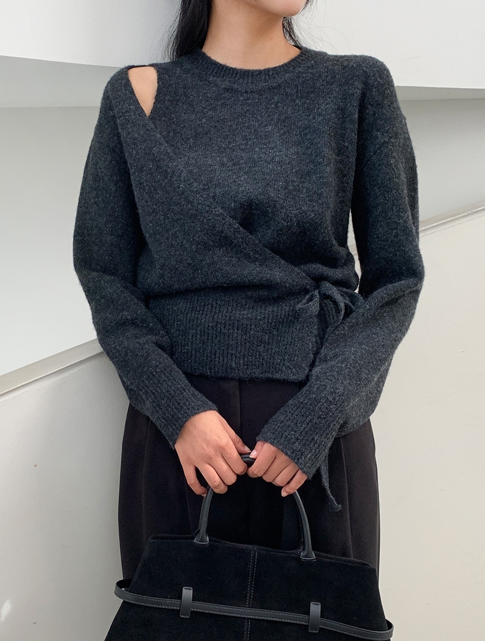 Cara Asymmetric Tie Wool Top [ 3 colors / Free ]