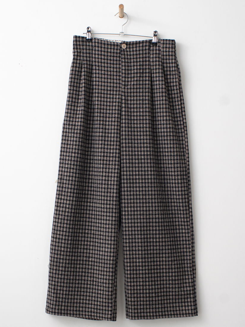 中高腰後鬆緊磨毛格紋打褶直筒長褲