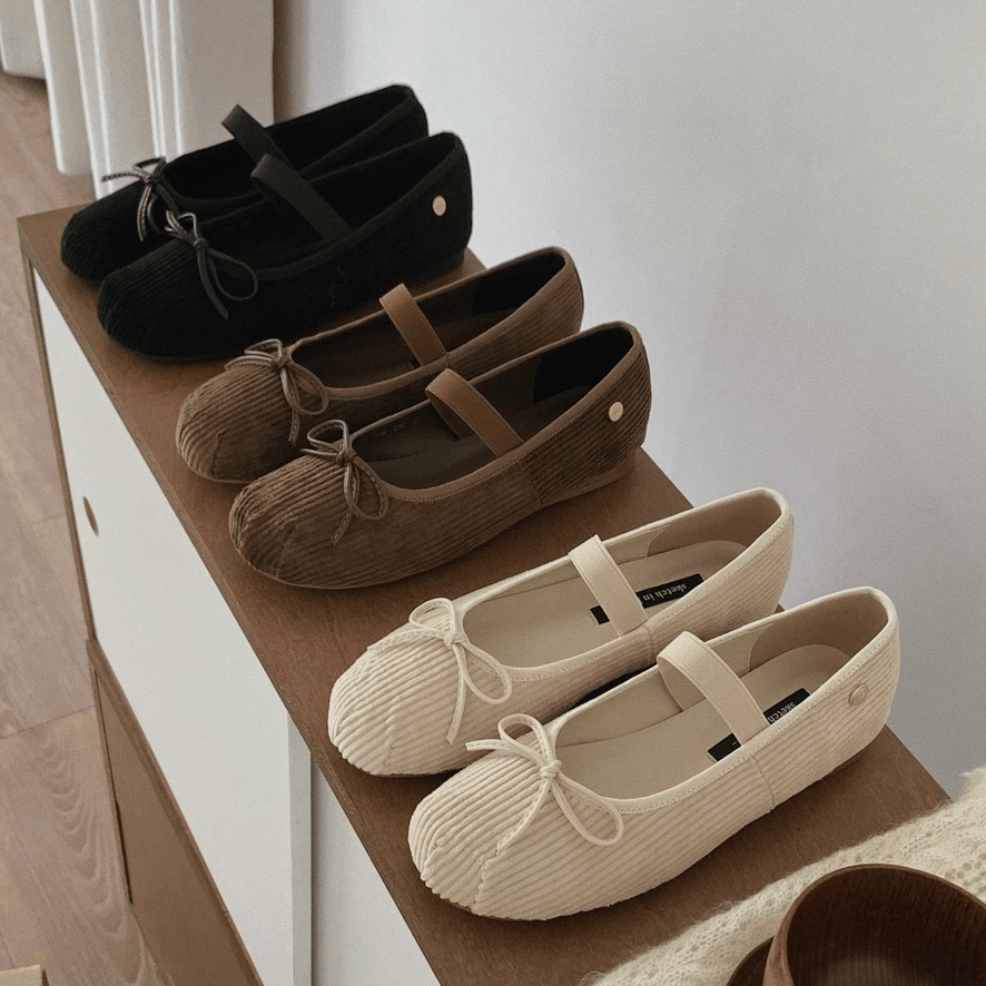 sketch in love｜✨母女裝OK✨Gold Logo Corduroy Ribbon Flat 燈芯絨蝴蝶結平底鞋 [3 colors]