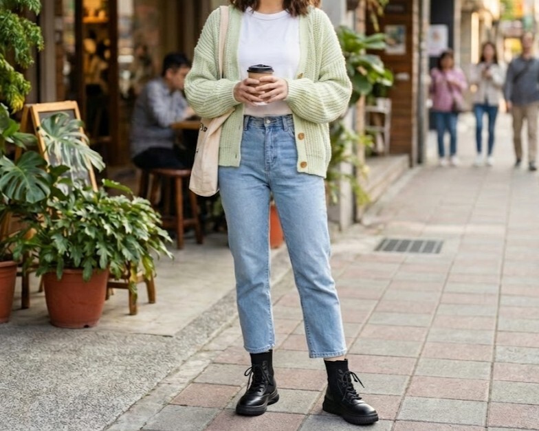 換季穿搭示範 Sanly Joy 克洛伊厚底靴，搭配淺色丹寧褲與亮色單品，展現春日清爽率性風格，是適合忽冷忽熱天氣的實用短靴造型。