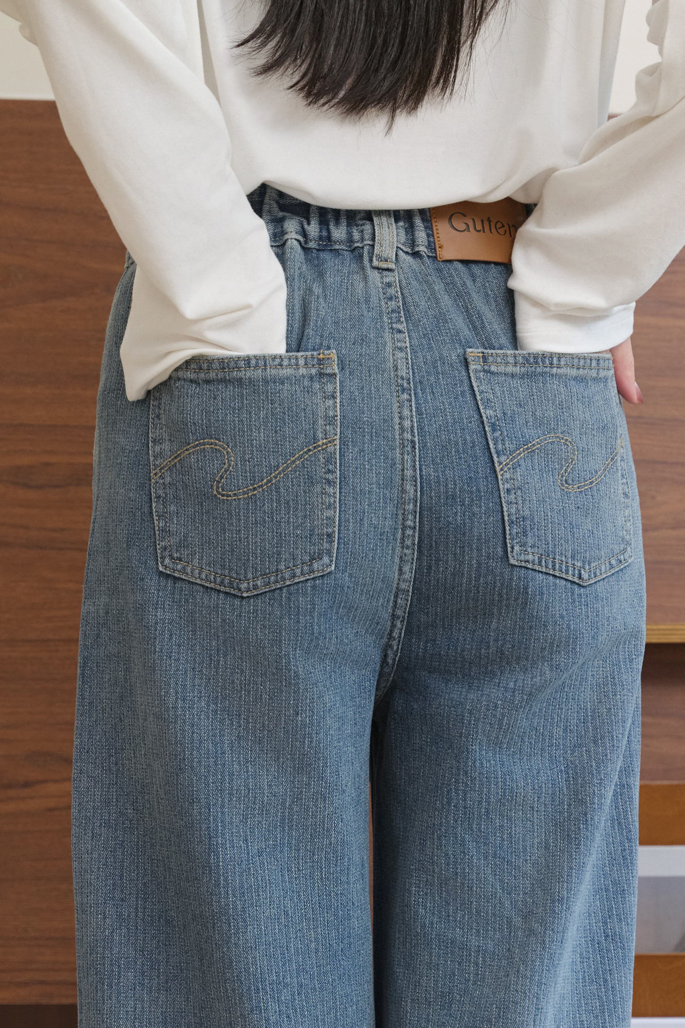 Gmade/不勒肉立體小坑條丹寧直筒褲-藍