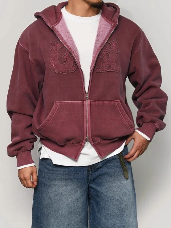 洗水英文字連帽拉鍊外套(薄抓毛底) 12GAUGE-061JK