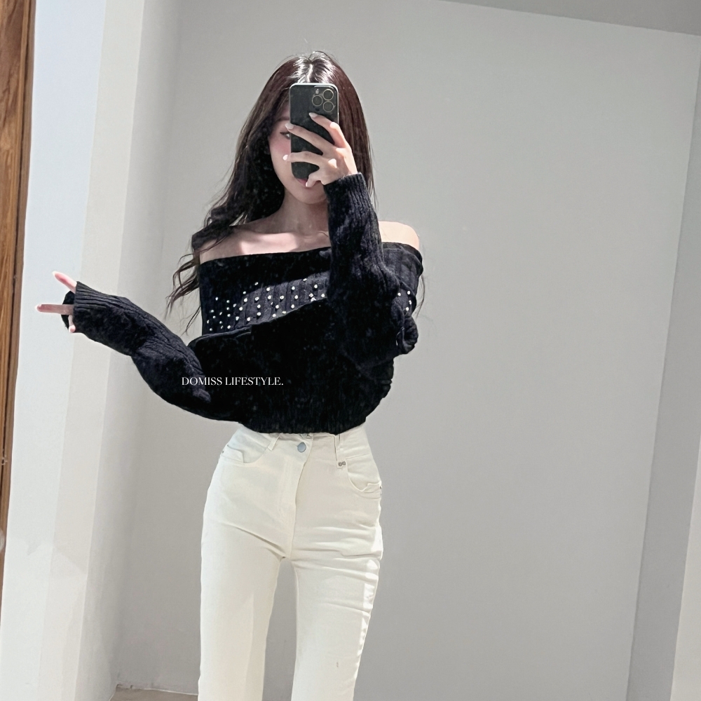 【高級感珍珠】DOMISS一字設計麻花毛衣-4色 露肩毛衣(現+預)