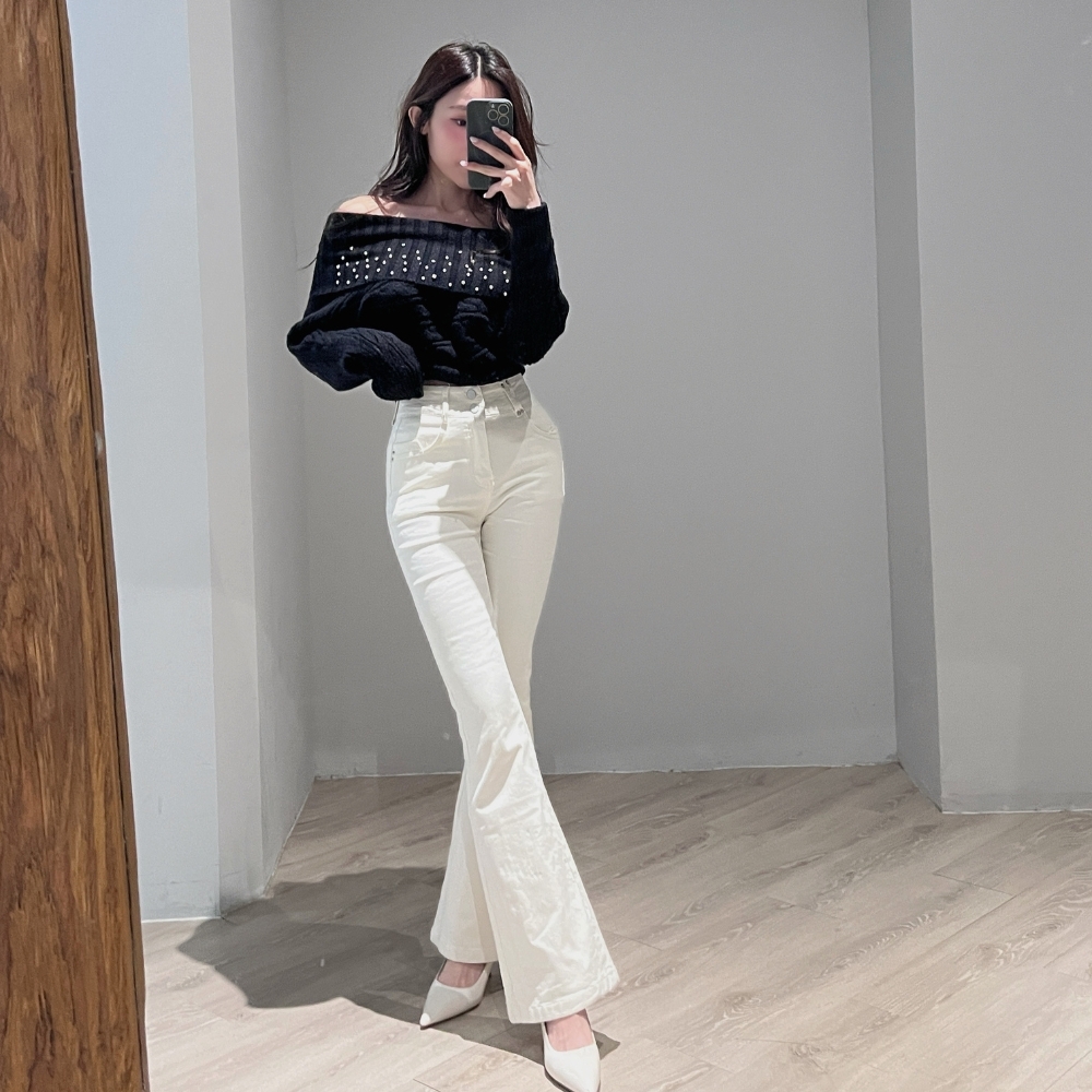 【高級感珍珠】DOMISS一字設計麻花毛衣-4色 露肩毛衣(現+預)