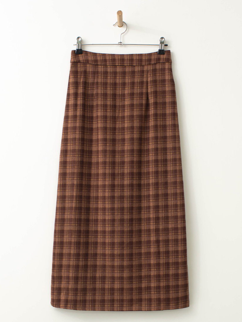 輕磨毛格紋鬆緊腰後開衩H型顯瘦長裙