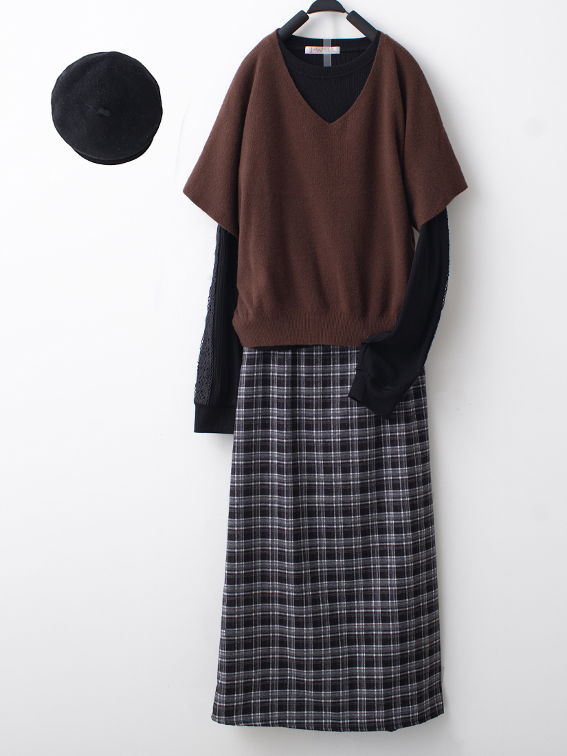 棉柔針織上衣透膚內搭輕磨毛格紋裙組合