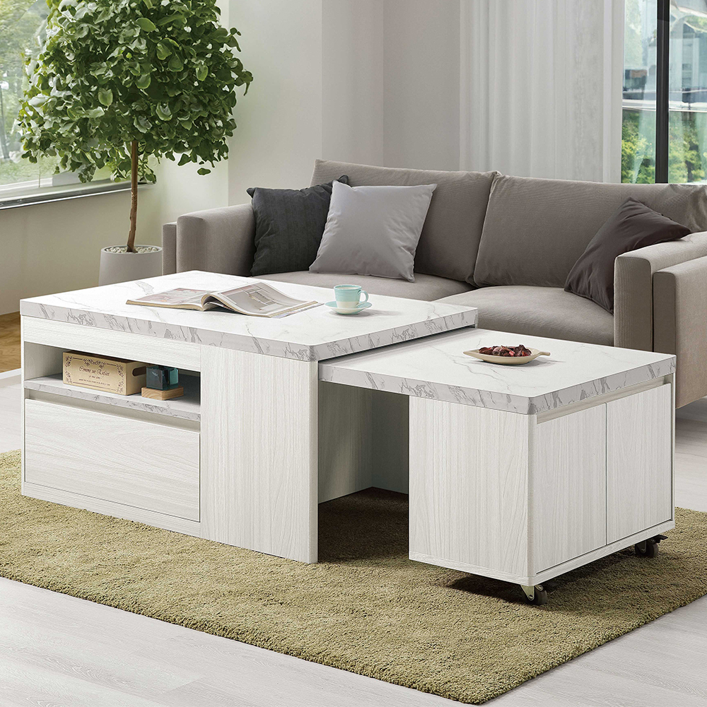 喬洛3尺多功能伸縮仿石面大茶几-附耐磨皮革收納椅凳(寬90~143公分)